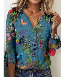 V-neck Casual Loose Floral Print Long Sleeve Blouse