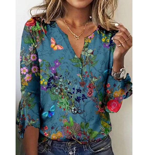 V-neck Casual Loose Floral Print Long Sleeve Blouse