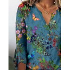 V-neck Casual Loose Floral Print Long Sleeve Blouse