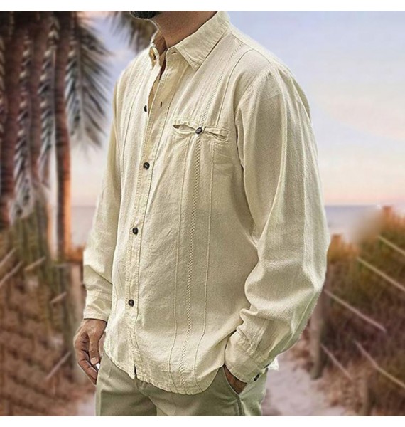 Men's Cotton Linen Style pel Long Sleeve Shirt