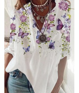 Floral Butterfly Print pel Long Sleeves Blouse