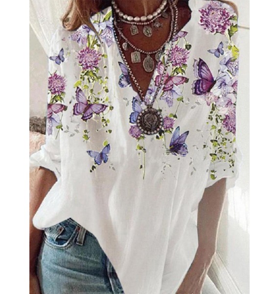 Floral Butterfly Print pel Long Sleeves Blouse