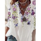 Floral Butterfly Print pel Long Sleeves Blouse