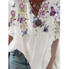 Floral Butterfly Print pel Long Sleeves Blouse