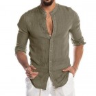 Men's Casual Linen Shirt Band Colr Long Sleeve Button Down Shirt