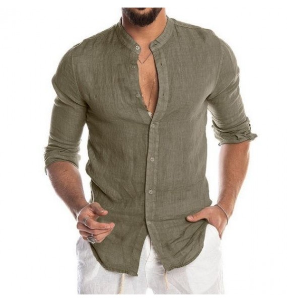 Men's Casual Linen Shirt Band Colr Long Sleeve Button Down Shirt