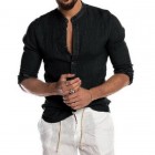 Men's Casual Linen Shirt Band Colr Long Sleeve Button Down Shirt