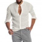 Men's Casual Linen Shirt Band Colr Long Sleeve Button Down Shirt