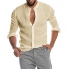 Men's Casual Linen Shirt Band Colr Long Sleeve Button Down Shirt