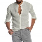 Men's Casual Linen Shirt Band Colr Long Sleeve Button Down Shirt