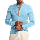 Men's Casual Linen Shirt Band Colr Long Sleeve Button Down Shirt