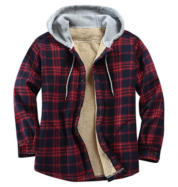 Red And Blue Check Textured Fleece Men's Casual Hooded Jacket