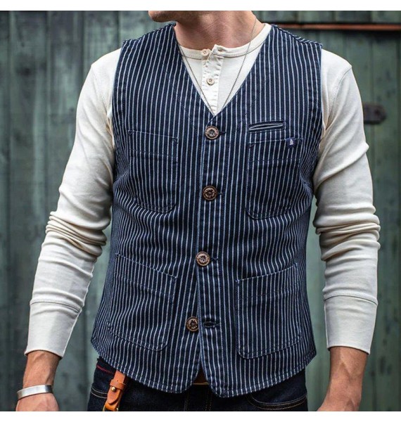 Men's Retro Cssic Blue And White Striped Casual Waistcoats