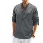 Men's Linen Pocket Colr Casual Solid Henley Polo Shirt