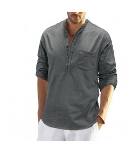 Men's Linen Pocket Colr Casual Solid Henley Polo Shirt