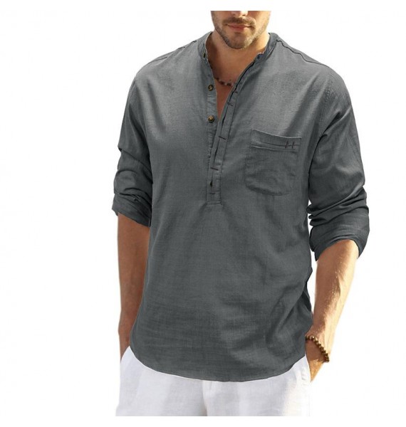 Men's Linen Pocket Colr Casual Solid Henley Polo Shirt