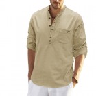 Men's Linen Pocket Colr Casual Solid Henley Polo Shirt