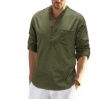 Men's Linen Pocket Colr Casual Solid Henley Polo Shirt