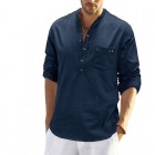 Men's Linen Pocket Colr Casual Solid Henley Polo Shirt