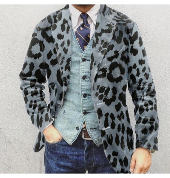 Mens Blue Leopard Suit Jacket