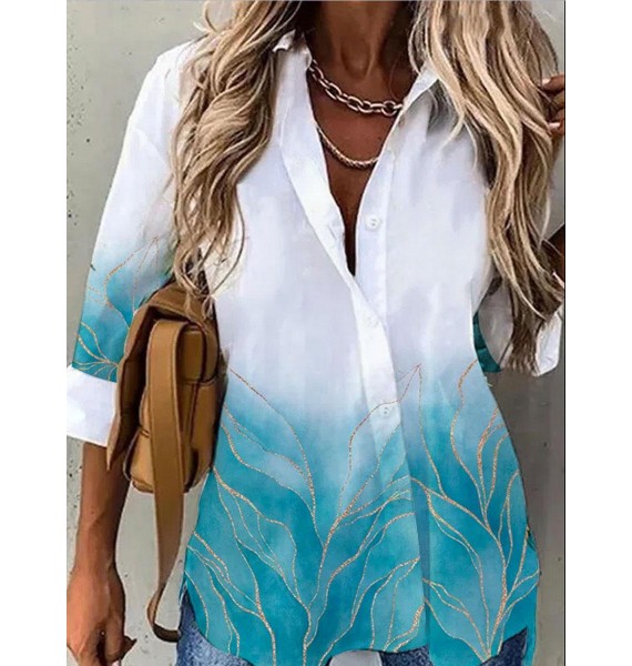 Casual Loose Bronze Leaf Print Long Sleeve Blouse