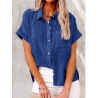 Summer Solid Color Linen Casual Short Sleeve Loosen Blouse