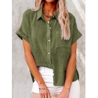 Summer Solid Color Linen Casual Short Sleeve Loosen Blouse