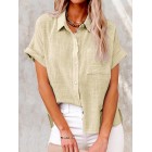 Summer Solid Color Linen Casual Short Sleeve Loosen Blouse