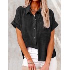 Summer Solid Color Linen Casual Short Sleeve Loosen Blouse