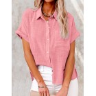 Summer Solid Color Linen Casual Short Sleeve Loosen Blouse