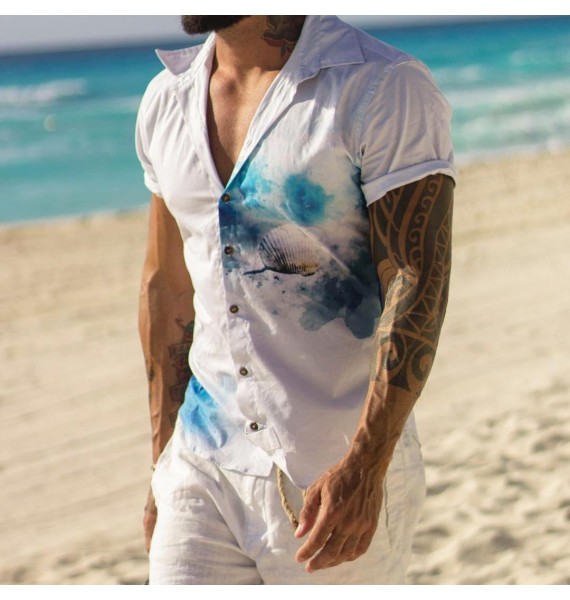 Men's Casual Wave Print Short Sleeve Resort Shirt