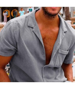 Men's Breathable Solid Color Short Sleeve Loose Cotton Shirt