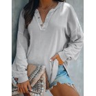 Solid Color Fashion V Neck Long Sleeve Button Top T-Shirt