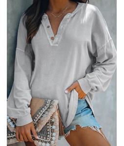 Solid Color Fashion V Neck Long Sleeve Button Top T-Shirt