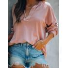 Solid Color Fashion V Neck Long Sleeve Button Top T-Shirt