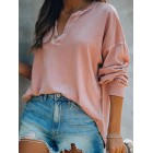 Solid Color Fashion V Neck Long Sleeve Button Top T-Shirt