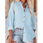 Casual Loose Solid Color pel Pocket Long Sleeve Shirt