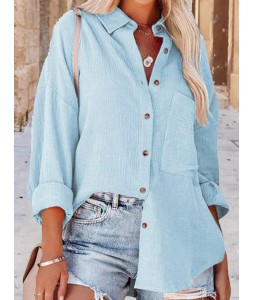 Casual Loose Solid Color pel Pocket Long Sleeve Shirt