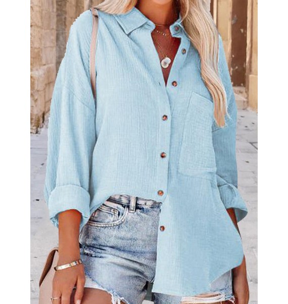 Casual Loose Solid Color pel Pocket Long Sleeve Shirt