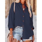 Casual Loose Solid Color pel Pocket Long Sleeve Shirt