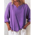 V-neck Casual Loose Solid Color Long-sleeved Blouse