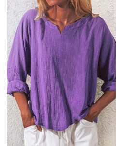 V-neck Casual Loose Solid Color Long-sleeved Blouse