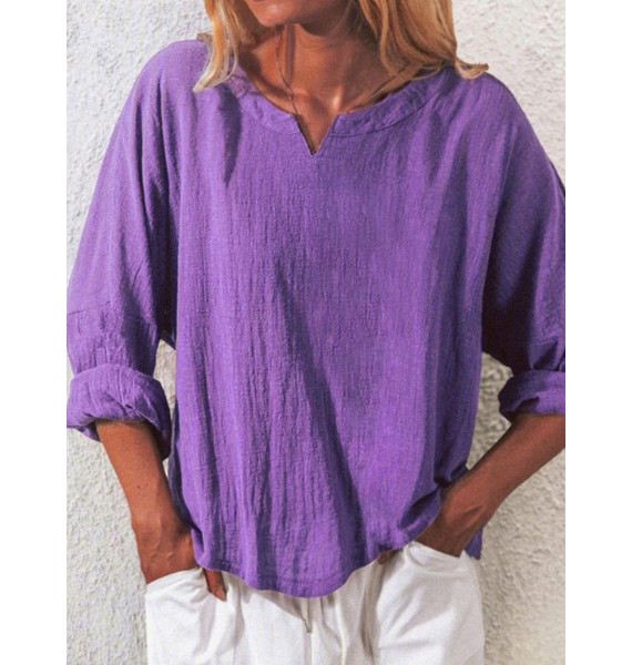 V-neck Casual Loose Solid Color Long-sleeved Blouse