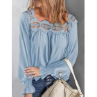 Solid Color Loose Cutout ce Square Neck Long Sleeve Blouse