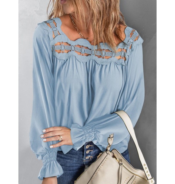 Solid Color Loose Cutout ce Square Neck Long Sleeve Blouse