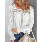 Solid Color Loose Cutout ce Square Neck Long Sleeve Blouse