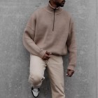 Men's Casual Sweater Solid Color Retro Stand Colr Zip Oversized Pullover Sweater