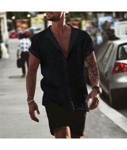 Men's Linen Loose Short Sleeve Pocket Simple Casual Shirt