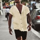 Men's Linen Loose Short Sleeve Pocket Simple Casual Shirt