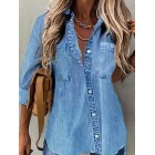 Casual Loose Solid Denim Blue Long Sleeve Blouse